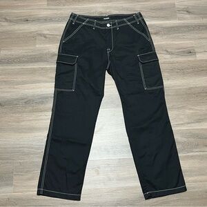 True Religion 34x32 Cargo Pants Black Contrast Stitch Baggy Straight Streetwear